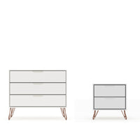 Manhattan Comfort Rockefeller Mid-Century Modern Dresser and Nightstand Set - White-Mid-Century Modern Set of 2 Dresser and Nightstand for Bedroom Use.