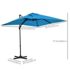 Outsunny 8' L x 8' W Square Patio Hanging Offset Umbrella with 360° Rotation - Turquoise-Aluminum pole and eight steel ribs with powder coating support a UV resistant 200g polyester cloth canopy for years of beautiful use  