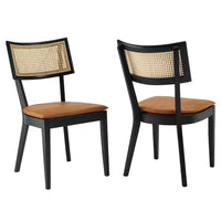Modway Caledonia Vegan Leather Upholstered Wood Dining Chairs - Black/Tan - 2 Pack-Modern Farmhouse Dining Chairs - Set of 2