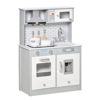 Qaba Kids Wooden Play Kitchens Set with Realistic Sound & Light, Battery Operated Cooktop - Grey-Includes removable sink, pretend faucet, microwave, and range hood 