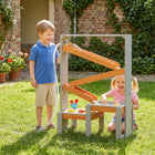 Qaba Kids Wooden Sandbox with Waterway Track and Dual Boxes - Grey-Features two plastic boxes with a 7.4 gal capacity for sand and water fun
