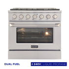 Kucht 36" KDF Series Pro Style Propane Gas Dual Fuel Range - Stainless Steel-6-burner gas range includes one 20,000 BTU dual burner with simmer, one 15,000 BTU burner, one 12,000 BTU burner, two 9,000 BTU burners and one 6,000 BTU