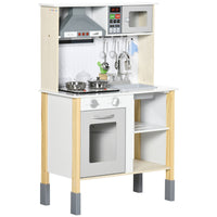 Qaba Kids Wooden Play Kitchen with Realistic Lights Sounds, Adjustable Height - White-Details children can recognize from the kitchen they know, multiple elements keeping them engaged and entertained 