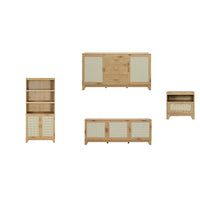 Manhattan Comfort Sheridan Mid-Century Modern TV Stand, Bookcase, Sideboard and End Table - Nature - Set of 4-Set of 4 - Modern Cane Living Room Set. Includes Bookcase, Sideboard, TV Stand and End Table