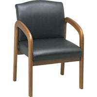 Work Smart Medium Oak Wood Guest Chair, Black Faux Leather-Thick, padded seat and back