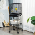 PawHut 44" H Rolling Bird Cage with Accessories, Detachable Stand and Storage - Black-Includes two wooden perches, a swing, and two plastic cups for food and water 