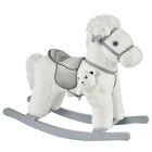 Qaba Kids Plush Ride-On Rocking Horse with Bear Toy - White-Bonus free bear plush toy, located in the storage bag on the leg<br> 