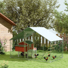 PawHut Large Metal Chicken Run with Cover for 6-8 Chickens - 9.8' x 6.6' x 6.4' - Silver-Includes a hanging feeder and 4-tier perches for added comfort 