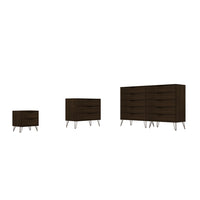 Manhattan Comfort Rockefeller Mid-Century Modern Bedroom Dresser 3-Piece Set - Brown-Mid-Century Modern Tall Double Wide Dresser, Standard Dresser and Nightstand Dresser for Bedroom Use. Set of 3.