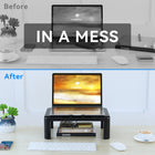 ShoppingAll Monitor Stand Riser with Adjustable Height and Surface Angle-Freestanding design (no clamps or grommets), folds flat for easy storage.
