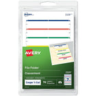 Avery Permanent File Folder Labels, 3-1/2" x 1/3", Assorted, 70 Pack (2329)-Make file folders stand out with a professional look. These Print or Write File Folder Labels feature a strip of eye-catching colour at the top to make it even easier to find just the folder you're looking for and are great for colour coding.