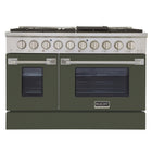 Kucht 48" KNG Series Pro Style Propane Gas Range - Stainless Steel/Olive Green-Cook and bake like a pro with two separate ovens featuring large oven windows. The main oven is a heavy-duty blue porcelain oven with 4.2-cu-ft of capacity, while the additional side oven has 2.5-cu-ft of capacity