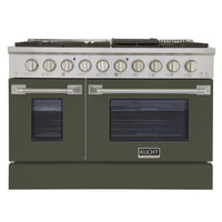 Kucht 48" KNG Series Pro Style Propane Gas Range - Stainless Steel/Olive Green-Cook and bake like a pro with two separate ovens featuring large oven windows. The main oven is a heavy-duty blue porcelain oven with 4.2-cu-ft of capacity, while the additional side oven has 2.5-cu-ft of capacity