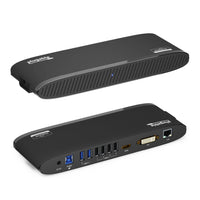 Plugable Displaylink USB 3.0 Dual Monitor Horizontal Laptop Docking Station-Flexible Expandability—This USB C docking station offers flexible expandability by connecting to your laptop via a single included USB 3.0 or USB-C cable, delivering dual video outputs, wired Gigabit Ethernet, 3.5mm Headphone and Microphone jacks, as well as two USB 3.0 ports and four USB 2.0 ports