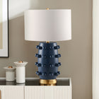 Hudson&Canal Farrington 26" Tall Ceramic Table Lamp with Fabric Shade - Matte Navy/White-Handcrafted navy and brass finish is applied to the round ceramic base
