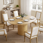HOMCOM 43.5"-59" Convertible Round to Oval Farmhouse Extendable Table for 6-8 - Natural Wood Finish-Store extension boards beneath tabletop for convenience