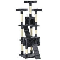 PawHut 68" Multi-Level Large Cat Tree Tower with Condo - Charcoal Grey-Multi-level tall cat tree with 3 x top perches, 2 x spacious condos, 2 x ladders, 3 x dangling toys for cat to play 