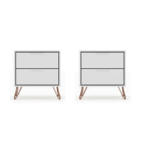 Manhattan Comfort Rockefeller 20.08" Mid-Century Modern 2-Drawer Nightstand 2-Piece Set - White-2-Piece Mid-Century Modern Nightstand for Bedroom and Living Room Use
