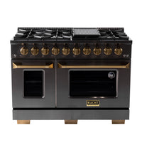 Kucht 48" KEG Series Pro Style Gas Range - Gemstone -Cook and bake like a pro with two separate ovens featuring large viewing windows, the main oven is a heavy-duty blue porcelain unit with 4.2 cu ft of capacity, and the additional side oven has 2.5 cu ft