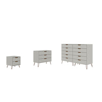Manhattan Comfort Rockefeller Mid-Century Modern Bedroom Dresser 3-Piece Set - Off White/Nature-Mid-Century Modern Tall Double Wide Dresser, Standard Dresser and Nightstand Dresser for Bedroom Use. Set of 3.