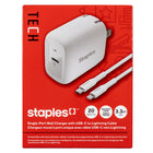 Staples USB-C Wall Charger with Cable - 20W - White-20W PD (Power Delivery) wall charger fully charges your devices faster than a standard 5W USB charger