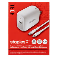 Staples USB-C Wall Charger with Cable - 20W - White-20W PD (Power Delivery) wall charger fully charges your devices faster than a standard 5W USB charger