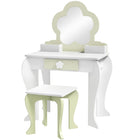 Qaba Kids Vanity Set with Mirror & Stool - Flower-Design - White-A kids dressing table set, which includes a vanity table, matching stool and a mirror 
