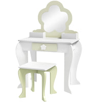 Qaba Kids Vanity Set with Mirror & Stool - Flower-Design - White-A kids dressing table set, which includes a vanity table, matching stool and a mirror 
