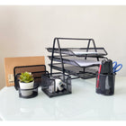 ShoppingAll Metal Mesh Desk Organizer Accessories Assortment 5-Piece Set - Black-DIMENSIONS: The 3-Tier Document Tray Measures 11.6″W x 14″L x 10.5″H / W:29.5cm x L:35.6cm x H:26.7cm. Each Tray Is 10.7″W x 13.7″L x 1.3″H / W:27.1cm x L:35cm x H:3.2cm.