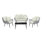 Manhattan Comfort Portofino Modern Patio 4-Person Conversation 4-Piece Set with Coffee Table - Grey/Cream-Modern 4-Piece Outdoor Conversation Patio Set with 2 Armchairs, 1 Loveseat, and 1 Coffee Table