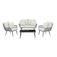 Manhattan Comfort Portofino Modern Patio 4-Person Conversation 4-Piece Set with Coffee Table - Grey/Cream-Modern 4-Piece Outdoor Conversation Patio Set with 2 Armchairs, 1 Loveseat, and 1 Coffee Table