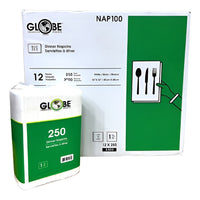 Globe Commercial NAP100 Dinner Napkins - 1/8th Fold - 15" x 17" - 1-Ply - White - 250 Napkins/Pack - 12 Pack-Virgin fibre