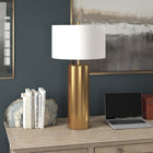 Hudson&Canal York 29.5" Tall Table Lamp with Fabric Shade - Brass/White-Handcrafted brass finish is applied to the candlestick metal base