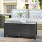 Outsunny Rattan Coffee Table with Tempered Glass Top Outdoor Garden Patio - Dark Grey-Tempered glass top table, easy to clean