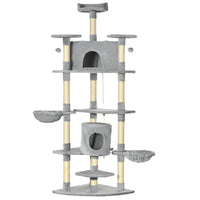 PawHut 79" Large Cat Tree Tower with Scratching Posts and Hammock - Light Grey-Features a 2 funny balls and teasing rope for your cats' entertainment			 