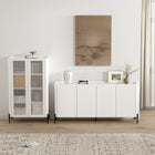 Manhattan Comfort Abbey Modern Bookcase and Sideboard - White - Set of 2-Decor Cabinet Includes 2 Ribbed Tempered Glass Soft Close Doors with 4 Adjustable Shelf Spaces. Sideboard Includes 4 Soft Close Doors with 4 Adjustable Shelf Spaces