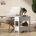 HOMCOM End Table with Charging Station and USB Ports - White-Bottom shelf and two drawers maximize storage space