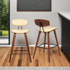 Armen Living Fox 25.5" Counter Height Mid-Century Modern Bar Stool in Cream Faux Leather & Walnut Wood-These stools provide stability with their strong metal 4-leg base, giving you a stable foundation that will always offer optimal comfort.