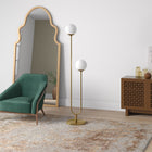 Hudson&Canal Dufrene 2-Light Floor Lamp with Glass Shades - Brass/White Milk-Rated for 2 100W incandescent bulbs - 9W LED bulbs, 23W fluorescent (CFL) bulbs, or 9W self-ballasted LED bulbs, E26-base bulbs, Bulbs not included