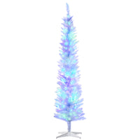 HOMCOM 7' Slim Artificial Christmas Tree with Colourful LED Lights - White-7ft tall, lush with white leaves that provide a healthy, natural look 