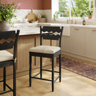 Modway Jax Oak Wood Counter Stool With Wavy Razor Back and Cushion - Black Oatmeal Stripe-Fabric Seat Cushion