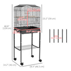 PawHut 49" H Rolling Bird Cage with Accessories, Detachable Stand and Storage - Black-Includes two wooden perches, a swing, and two plastic cups for food and water 