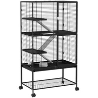 PawHut 54" H 4-Tier Rolling Small Animal Cage with Shelf - Black-Rolls on wheels for easy moving, two wheels with brakes 