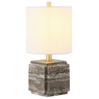 Hudson&Canal Pacha 16" Tall Stone Table Lamp with Fabric Shade - Grey Veined Travertine-Paired with a white drum fabric shade
