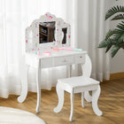 Qaba Kids Vanity Table with Tri-folding Mirror and Stool - Star & Heart Pattern - White-Suitable for children's bedroom, playroom and daycare centers 