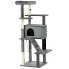 PawHut 58" Cat Tree with Scratching Posts, Bed and House - Grey-Sisal rope posts satisfy your cats' urge to scratch, deterring them from using furniture 