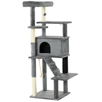 PawHut 58" Cat Tree with Scratching Posts, Bed and House - Grey-Sisal rope posts satisfy your cats' urge to scratch, deterring them from using furniture 