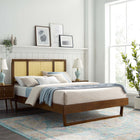 Modway Kelsea Cane and Wood Full Platform Bed with Angular Legs - Walnut-Woven Cane Rattan Headboard
