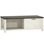 HOMCOM Farmhouse Coffee Table with Storage Shelf for Living Room - White-Vintage furniture with half-open design shelf, slash element, barn door design drawer, and retro handle