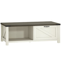 HOMCOM Farmhouse Coffee Table with Storage Shelf for Living Room - White-Vintage furniture with half-open design shelf, slash element, barn door design drawer, and retro handle